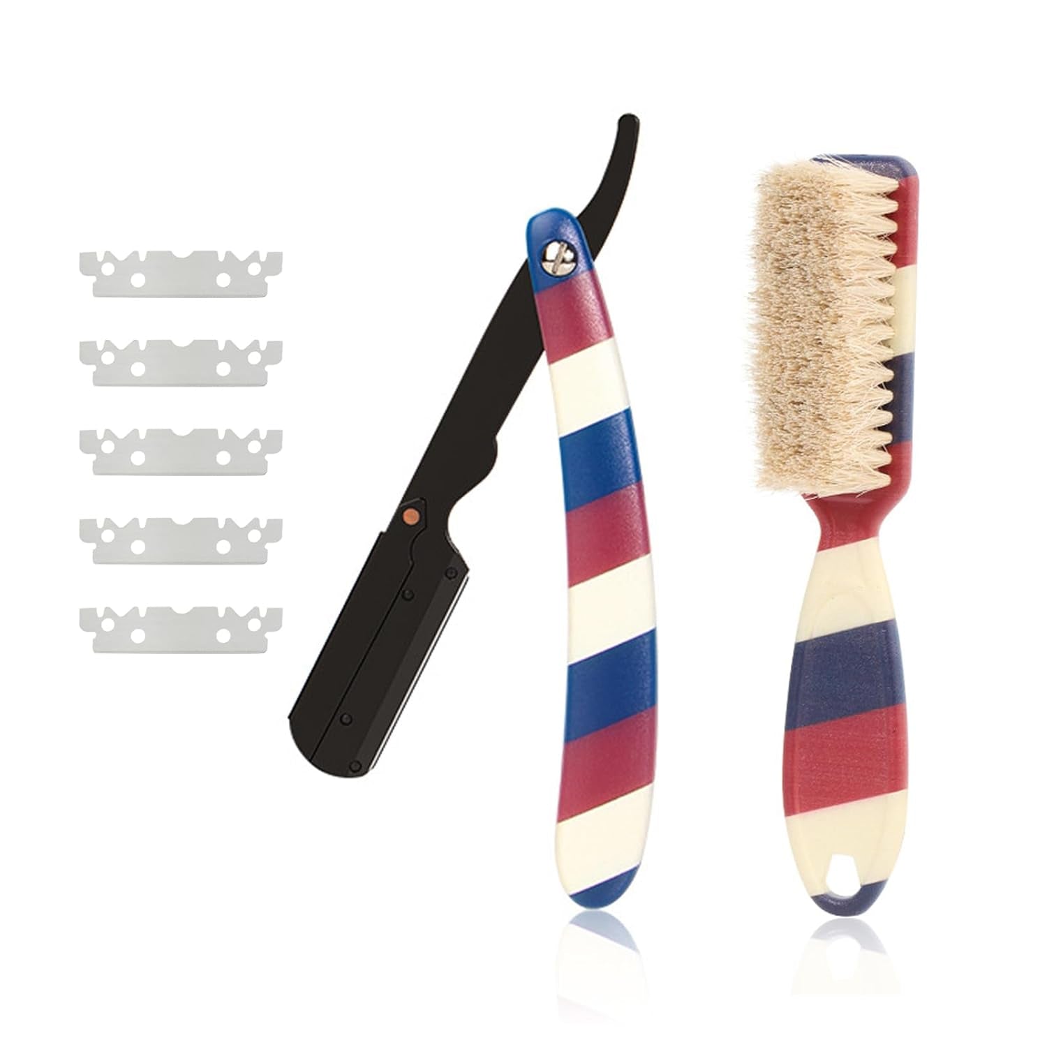 Professional Barber Straight Edge Razor and Barber Brush Set Include 5 Blades, Straight Razor for Men Close Shaving & Hair Cutting (Red/White/Blue)