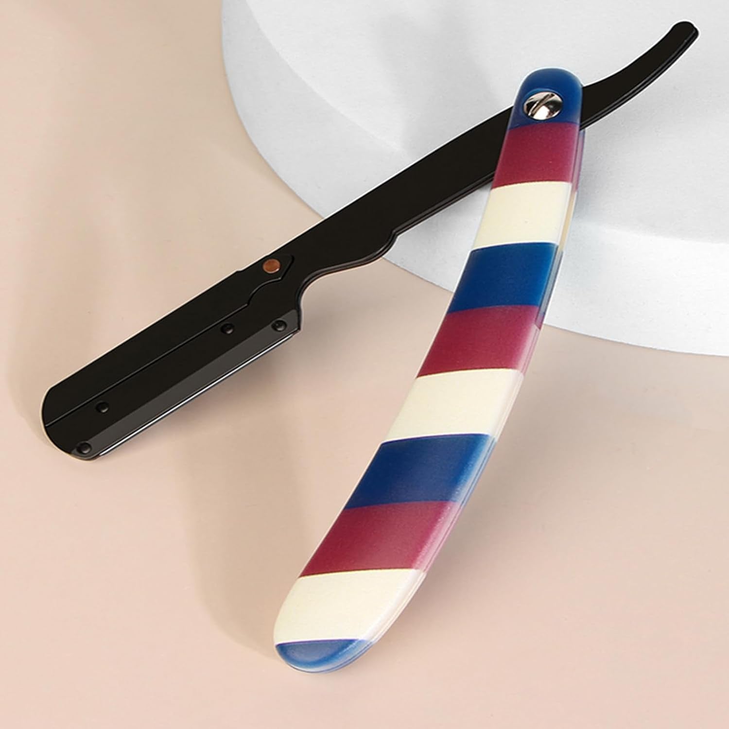 Professional Barber Straight Edge Razor and Barber Brush Set Include 5 Blades, Straight Razor for Men Close Shaving & Hair Cutting (Red/White/Blue)